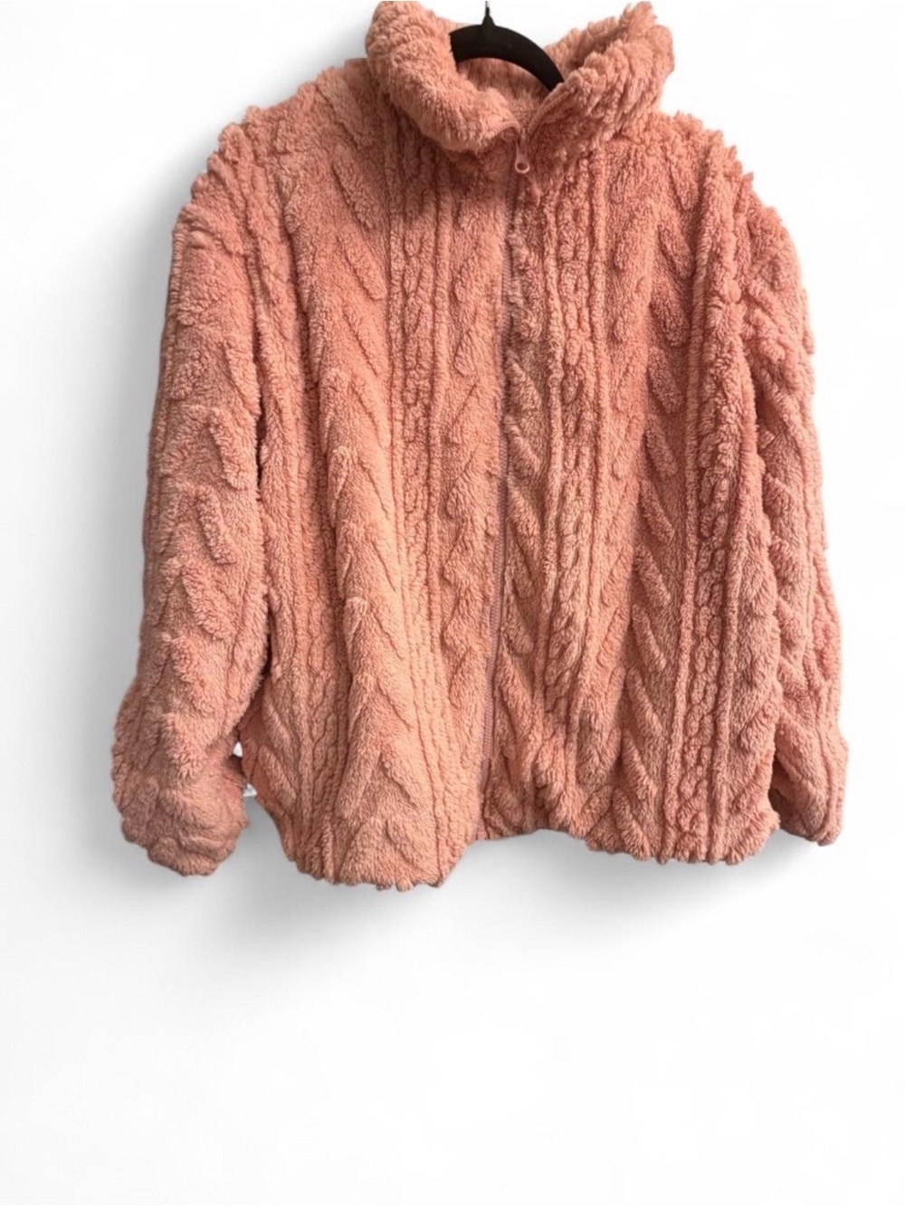 Cozy Plush Cable Knit Zip-Up Jacket - Pink